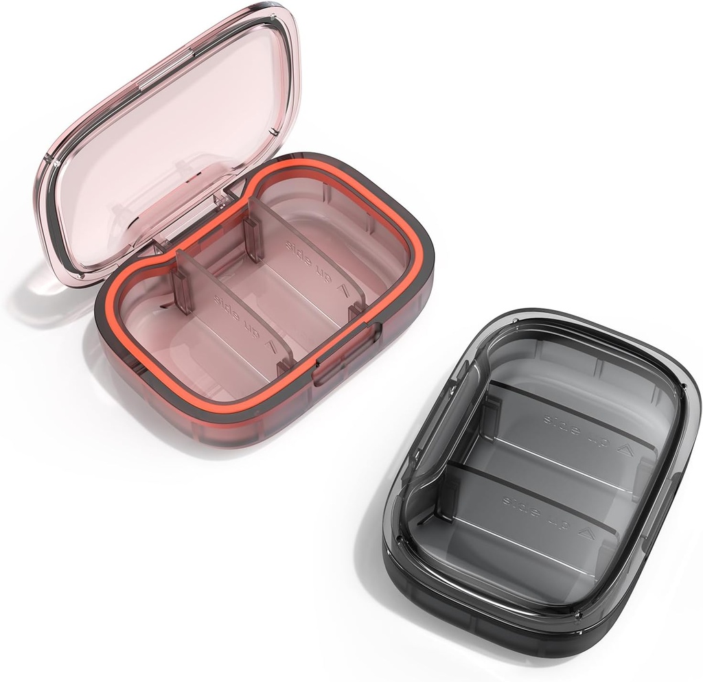 2 Pack 3 Segment Lille Pill Box, Fugt Bevis Pill Case, Travel Pill Organizer til Pocket Purse, Daglig Portable Medicin Vitamin Box, Fisk Oil Box, Supplement Box (Sort + Orange)