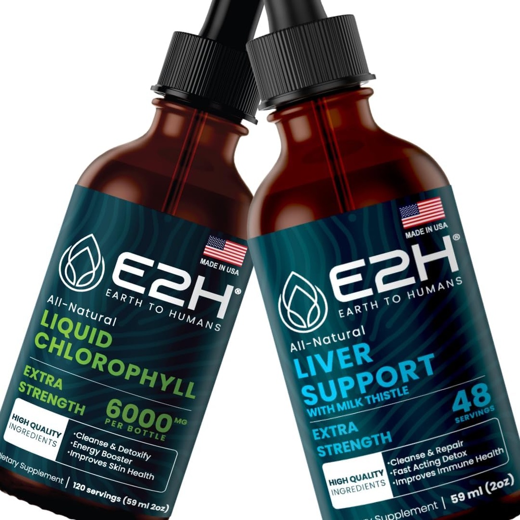 E2H: Liquid Chlorophyll og leverstøtte Supplement Note 124; Vegan, Non- GMO - 2 Fl Oz Hver (4 Fl Oz i alt) - Bundle