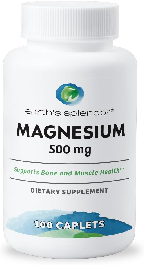 Jordens Splendor Bone & Muscle Magnesium Supplement til mænd og kvinder, Ingen kunstig Konserveringsmiddel eller Flavor, Understøtter Bone & Muscle Health, Hvedefri (500mg, 100 Caplets)