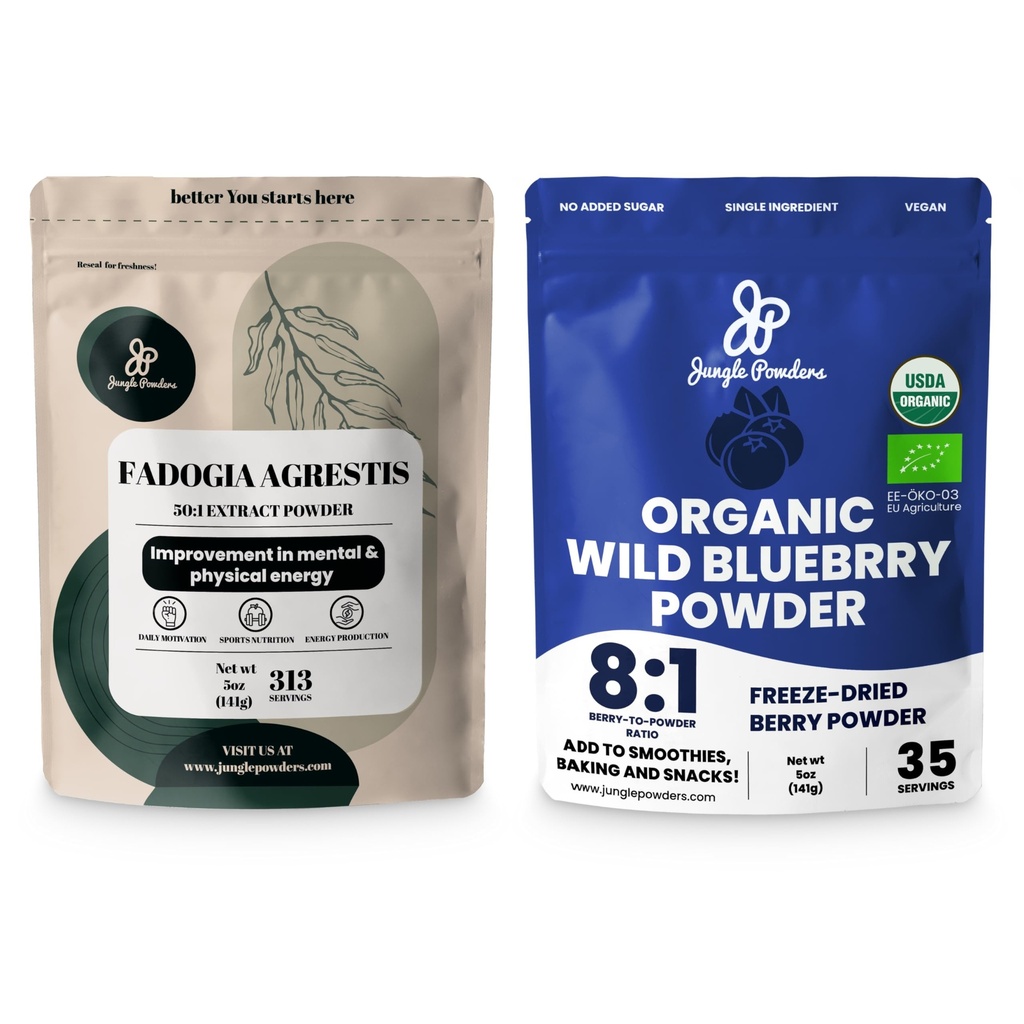 Jungle Powders Herres Sundhed & Vitality Bundle: 5oz Fadogia Agrestis Extract Powder for Drive & Passion + 5oz USDA Certified Organic Wild Blueberry Powder for Enhanced Wellness in Smoothies & Baging!