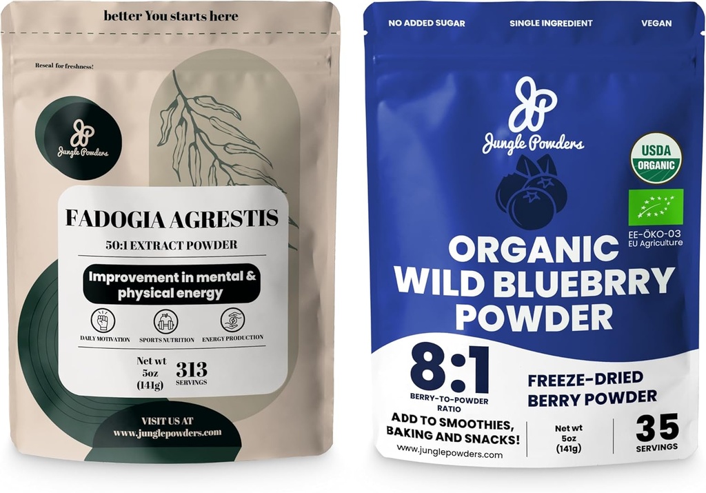 Jungle Powders Herres Sundhed & Vitality Bundle: 5oz Fadogia Agrestis Extract Powder for Drive & Passion + 5oz USDA Certified Organic Wild Blueberry Powder for Enhanced Wellness in Smoothies & Baging!