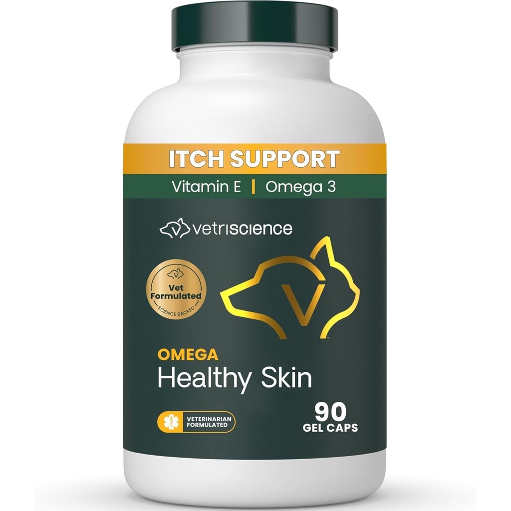VetriScience Omega sunde hudkapsler, Omega 3.6.9 Fiskeolie supplement til hunde og katte, hudsundhed, Coat Growth, Reduce Shedding, Over 750 mg Omega fedtsyrer per kapsel, Gel Caps, 90 Tæl