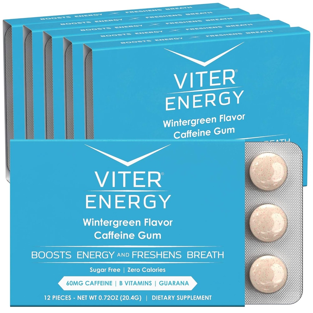 Viter Energy Coffeined Gum 60mg Koffein, B Vitamin, Guarana, Sugar Free. (Wintergreen, 12pcs, 6 Pack)