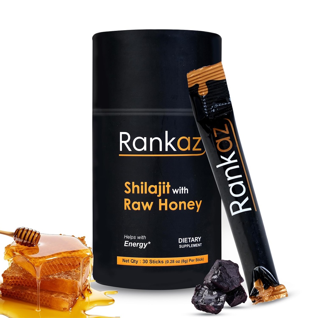 Rankaz Natural Shilajit Honey Sticks Organic - 30 Sticks, Shilajit Honey Fulvic Acid og Trace Minerals