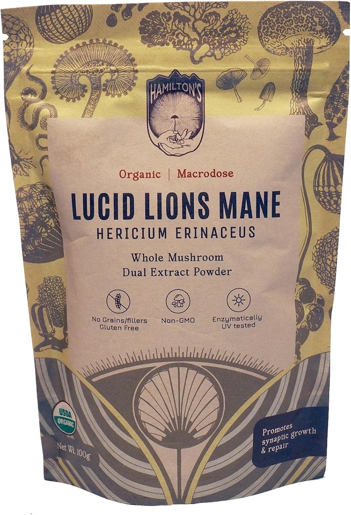 Hamilton 's Lucid Lion' s Mane Buddy 124; Organic Mushroom Extract Powder for Synapse Repair, Nerve vækstfaktor, Focus, Memory, og Koncentrering Buddy 124; High Potency Buddy; 30% Beta Glucans Buddy 124; GF, Non- GMO, Vegan (100g)