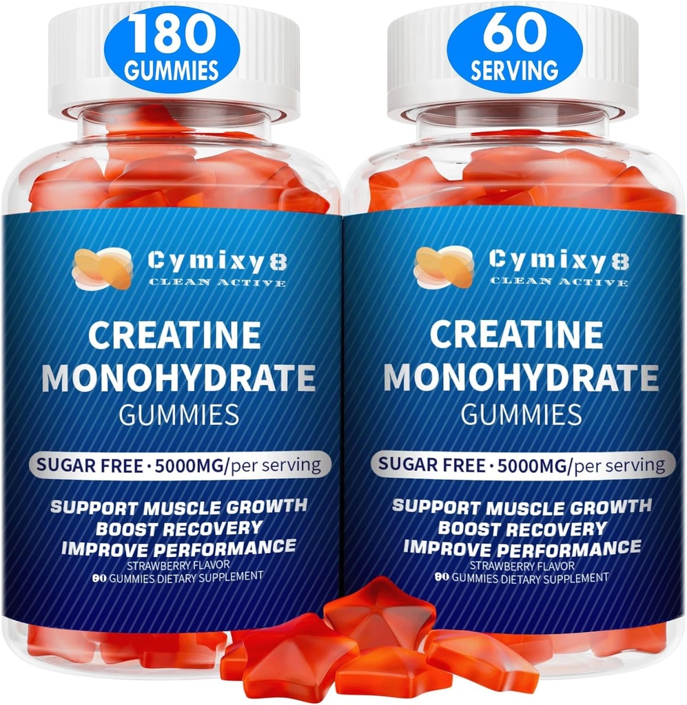Creatine monohydrat Gummies 5g for mænd og kvinder, 7100 mg med Liposomal Taurine, BCAA, Alpha GPC, B12, Creatine monohydrat Chews for muskelvækst, Strawberry Flavor, 180Count