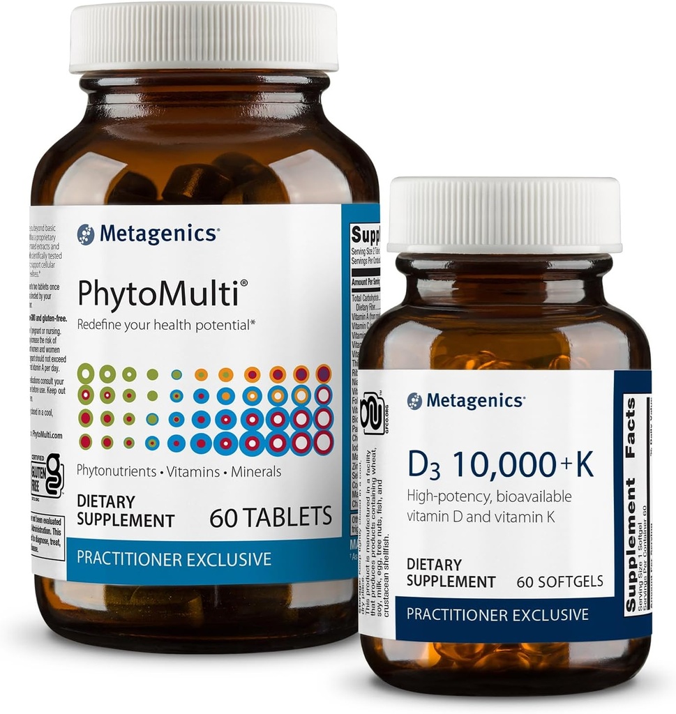 Metagenics Essential Wellness Duo: D3 10.000 + K - for immunforsvar, ben sundhed & hjerte sundhed - 60 Softgels & PhytoMulti uden jern - Daglig Multivitamin for samlet sundhed & aldring - 60 tabletter