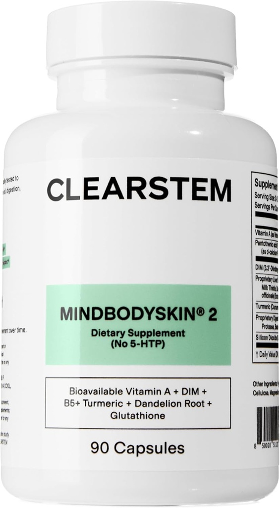 CLEARSTEM - MINDBODYSKIN Hormonal Acne Supplement (nr. 5-HTP) - Natural DIM supplement - hudpleje vitaminer - Hormonbalance, antioxidanter - Gluten Free, Cruelty Free - 30 Servere, 90 kapsler