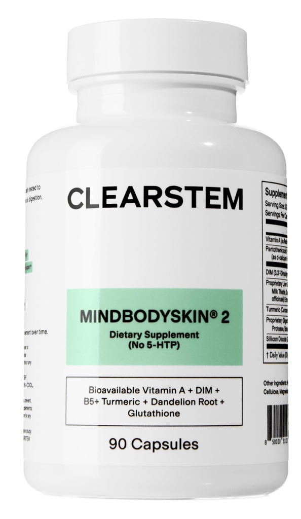 CLEARSTEM - MINDBODYSKIN Hormonal Acne Supplement (nr. 5-HTP) - Natural DIM supplement - hudpleje vitaminer - Hormonbalance, antioxidanter - Gluten Free, Cruelty Free - 30 Servere, 90 kapsler
