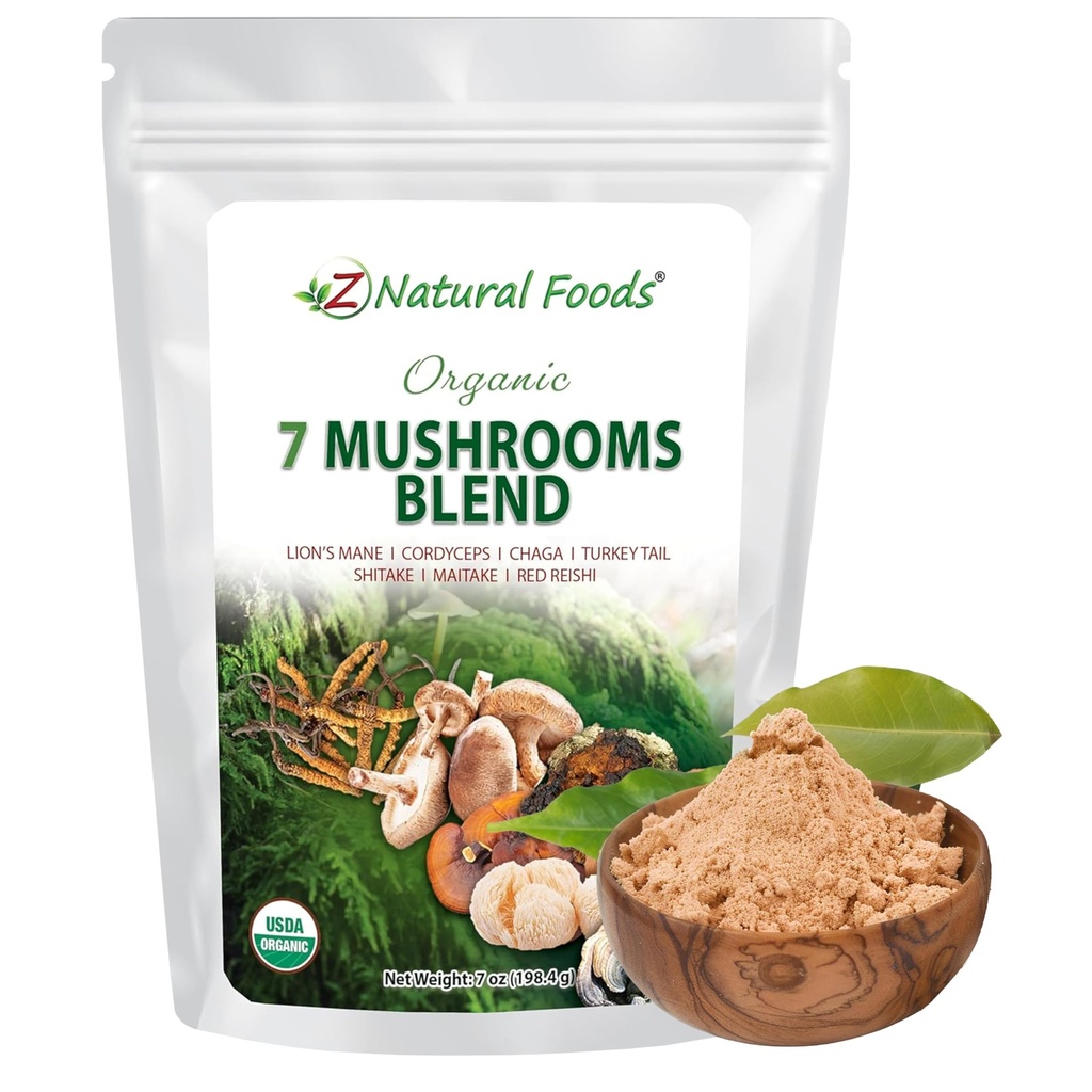 Z Natural Foods Organic 7 Sacred Mushrooms Blend - Mushroom Powder for immun sundhed - Lions Mane, Cordyceps, Chaga, Red Reishi, Shiitake, Maitake & Tyrkiet Tail Extract for Coffee, Smoothies, 7 oz