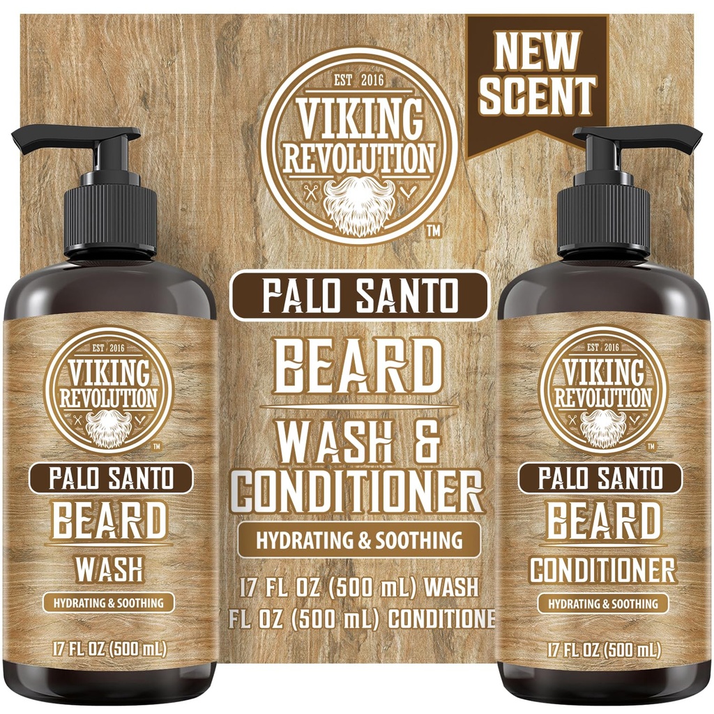 Viking Revolution Palo Santo Beard Wash and Beard Conditioner sæt med Argan og Jojoba Oliils - Blødninger og styrker - Natural Palo Santo Duft - Beard Shampoo med Ginseng Root Extract (17 oz)