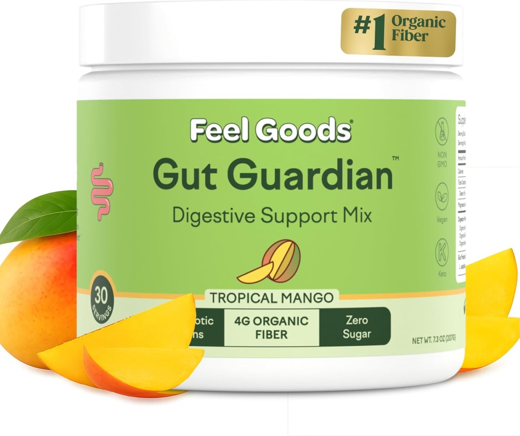 Mærk varer Gut Guardian, Organic Fiber, Probiotic & Prebiotic Powder, Sugar Free, Urter til Bloat, Gut Health Support, fordøjelsessygdomme for mænd og kvinder, Ikke GMO, Vegan, Tropical Mango, 30CT