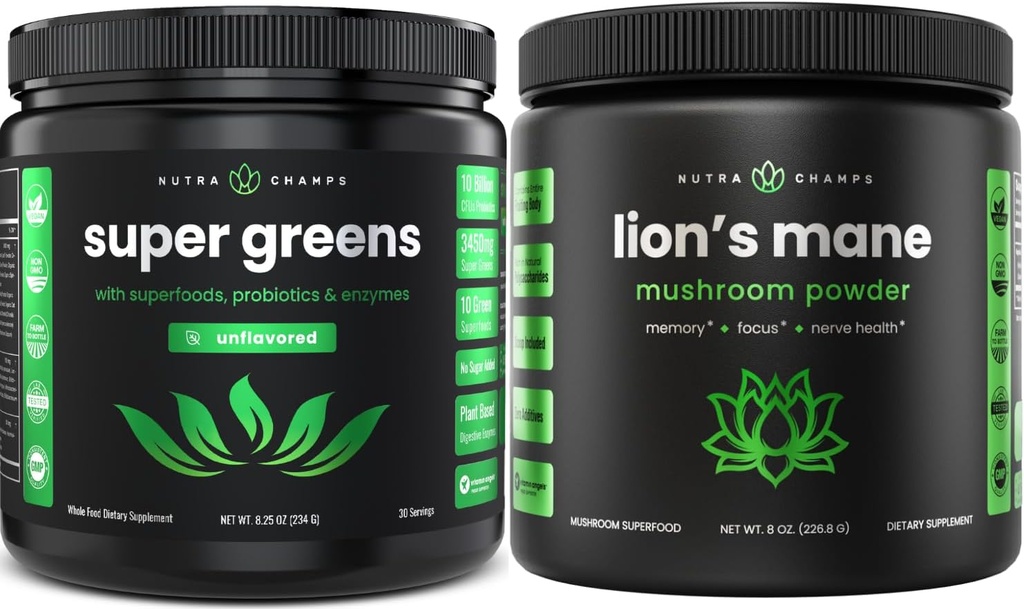 NutraChamps Super Green Unflavored & Lions Mane Powder. Grønne & adaptogen bundle