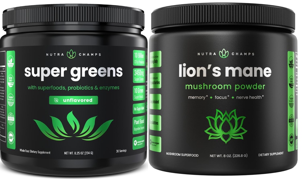 NutraChamps Super Green Unflavored & Lions Mane Powder. Grønne & adaptogen bundle