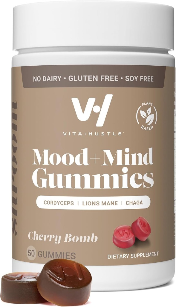VitaHustle Super Mushroom Mood + Mind Focus Gummies, Lions Mane Mushrooms, Reishi, Chaga, Cordyceps, Vegan, Low Sugar, Non GMO, Cherry Flavor, 50 Greve