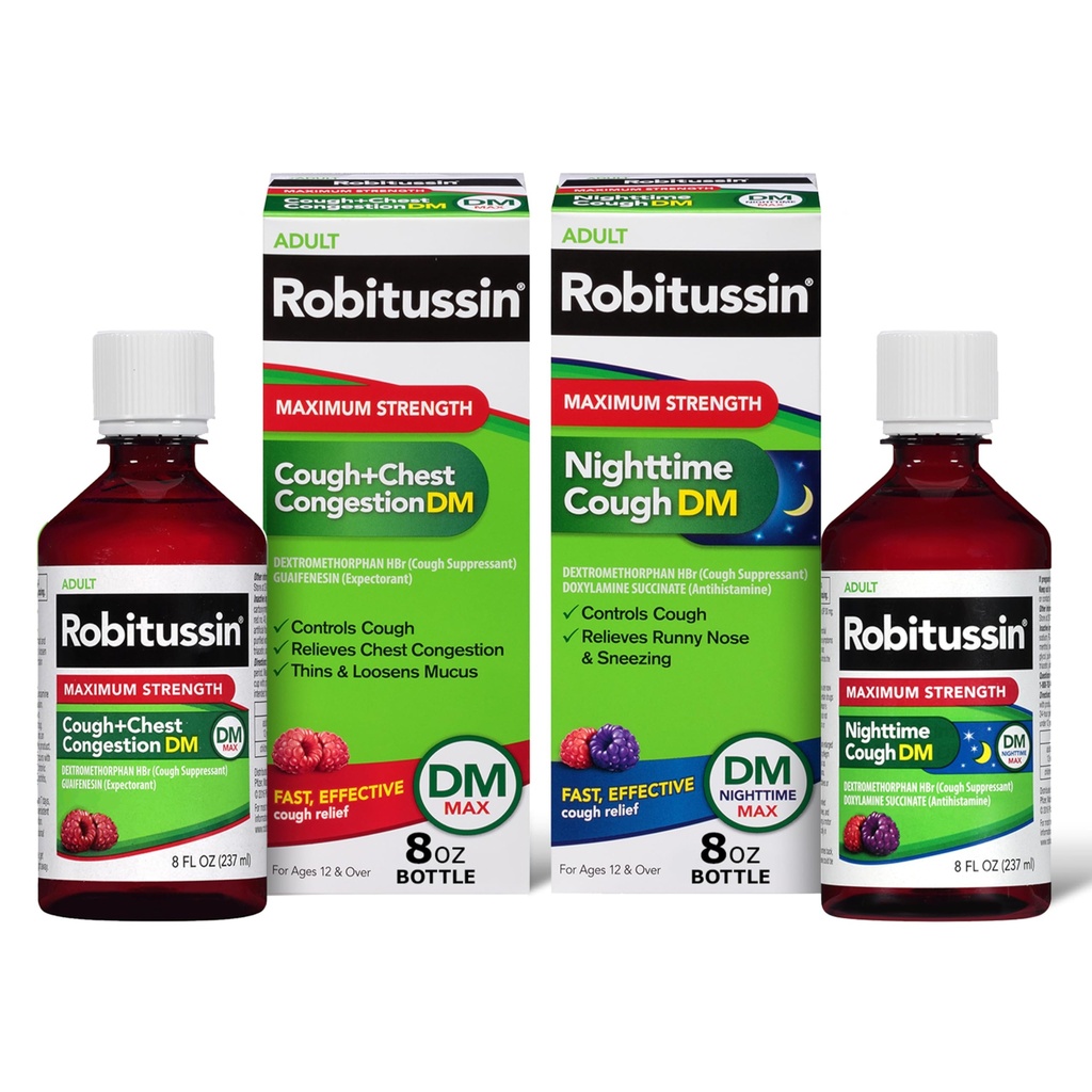 Robitussin DM Max Cough Plus Chest Congestion og Robitussin Maximum Strength Nighttime Cough DM, Voksen Formula - 2 x 8 Fl Oz flasker