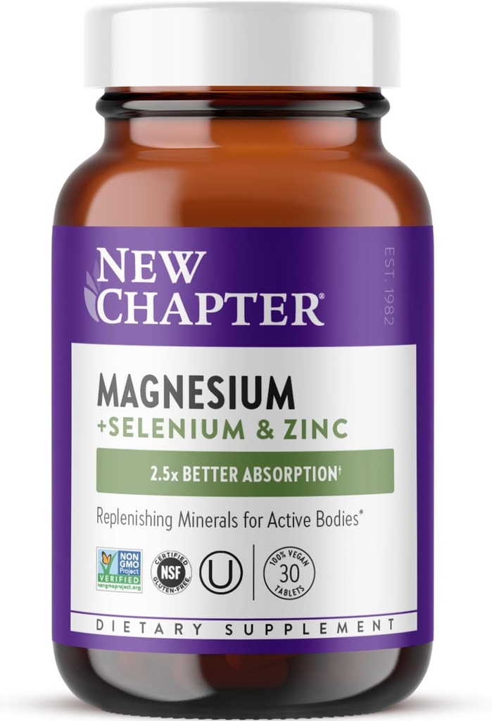 Nyt kapitel Magnesium- Selenium- Zink supplement, 325 mg Magnesium i One- Daily Tablet for Aktive Kropper, Bounce tilbage efter træning med Muskelstøtte Minerals + Hydrating Electrolytes, 30 Greve