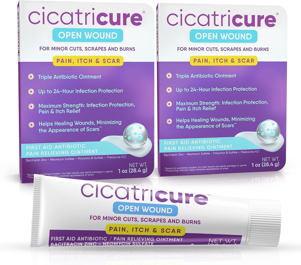 Cicatricure Triple Antibiotisk Salve med smertestillende, Bacitracin Antibiotisk Salve & Cream til Sårpleje, Healing Salve for Cuts, Burns, Insect Bites, Førstehjælp Forsyninger Væsentlig, 1 oz