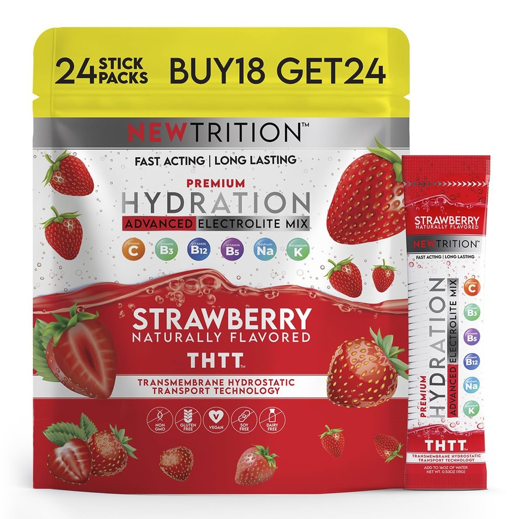Hydrering Pulver, Jordbær Pack med 24 Electrolyte Powder Pakninger, Naturlig Smagsfyldt Hydrating Pakninger til vand, Hurtig fungerende Hydrate Elektrolyter med Vitaminer B & C, Energi & Inddrivelse