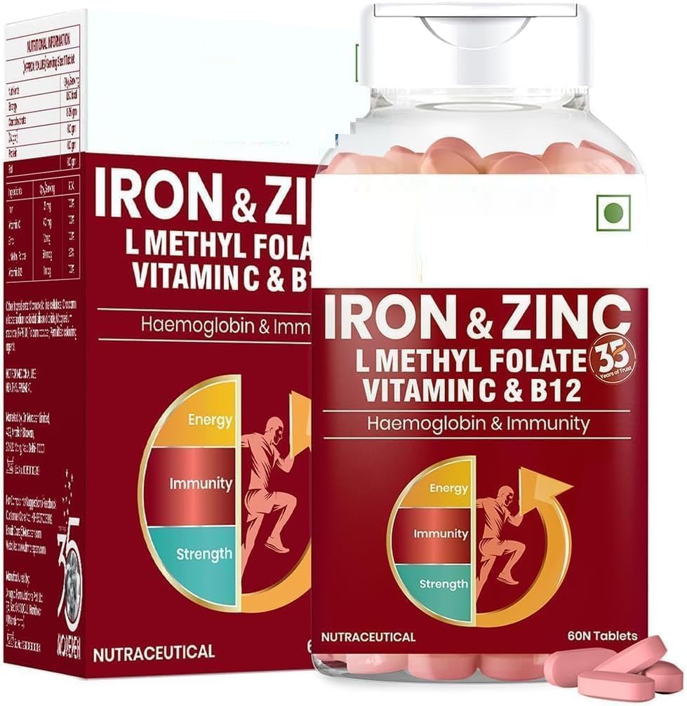Iron & Zinktabletter beriget med C-vitamin & B12; Immunitet & Hæmoglobin Booster • 124; Øger HB niveau + fremmer sunde jernniveauer • 124; Reducerer træthed, forbedre respiratorisk sundhed & energi • 124; 60 T
