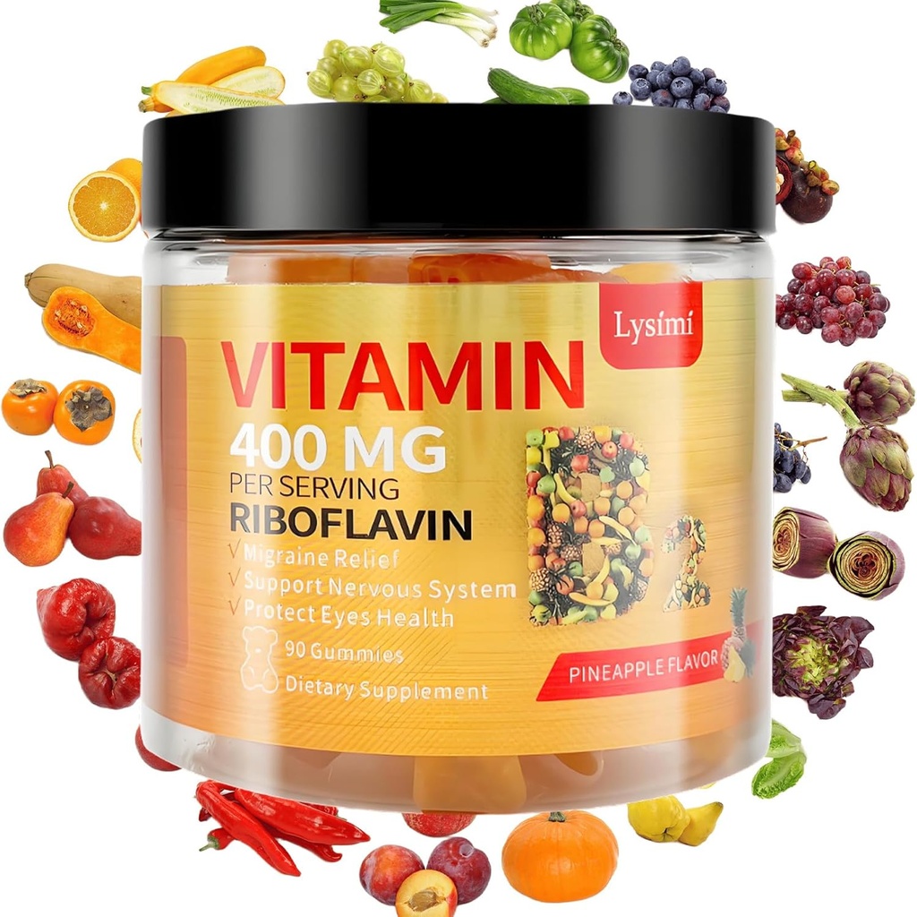 Vitamin B2 Gummier, Vitamin B2 Riboflavin Gummies 400mg, Migræne Relief & Hovedpine Relief Riboflavin Vitamin B2 Gummies, Soy & Gluten- Free, 90 Vitamin Gummies for børn og voksne