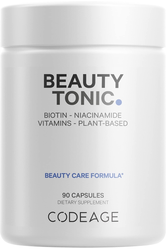 Kodeage Biotin tillæg med C-vitamin, E-vitamin, B6-vitamin, Niacin, Folate, Organic Food Blend, Phytoceramider, Astaxanthin, Selenium - Beauty Tonic - Hår, Hud og Nail Support - Vegan, 90 Ct