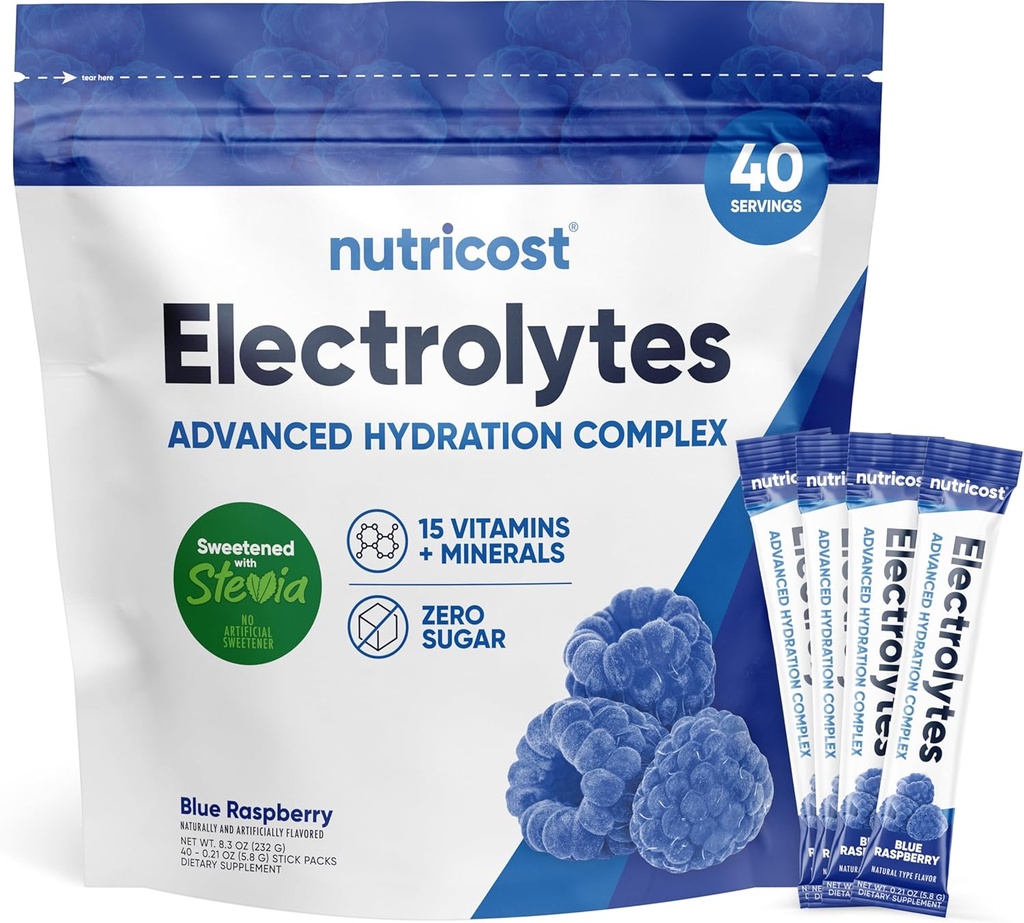 Nutricost Electrolytes Powder Hydration Pakninger (Blå Hindbær, 40 Servering) Lav kalorie Keto Electrolytes Sødet med Stevia - Non- GMO, Gluten Free og Sukker Free