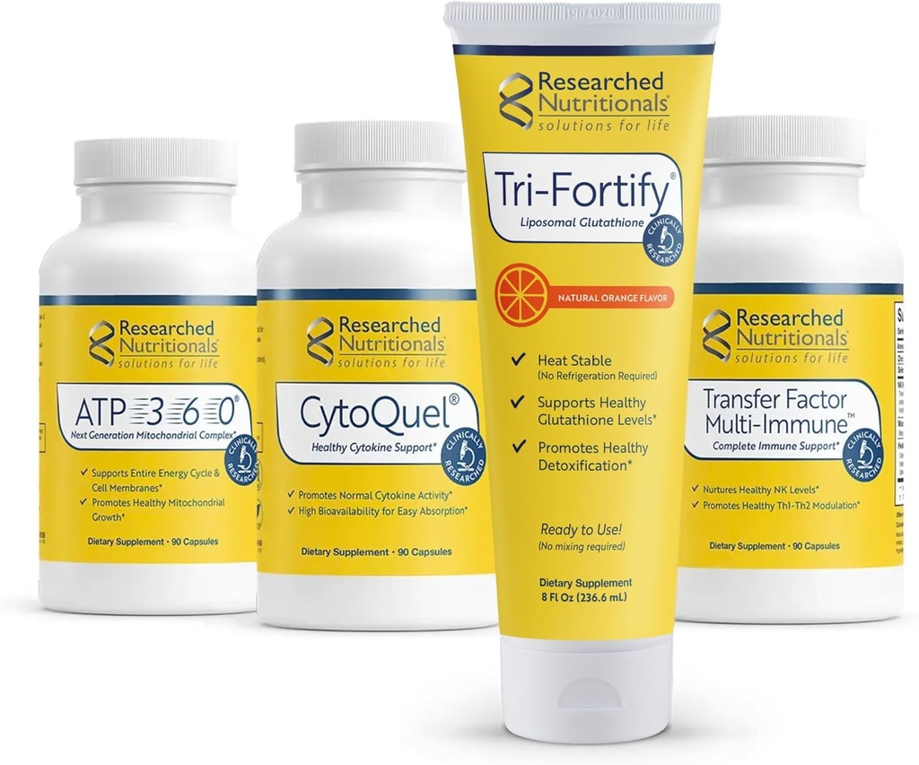 Forsøgsstof Nutritionals Foundation Kit - Tri- Fortify Liposomal Glutathion (450 mg) Orange, Transfer- Factor Multi Immunation, ATP 360 & CytoQuel til at understøtte energi, Immunitet, Cytokine Response & Detox