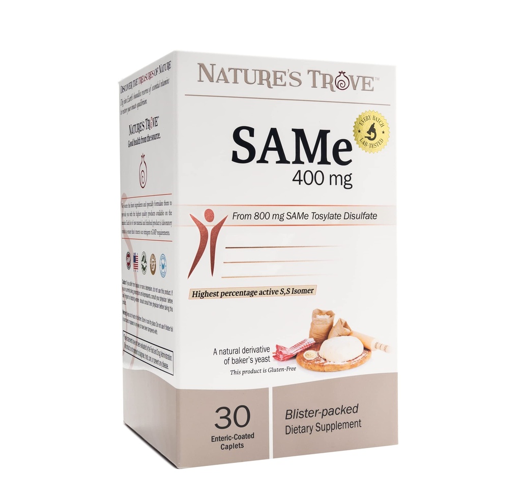 Nature 's Trove SAM- e 400mg 30 Enteric Coated Caplets. Vegan, Kosher, Non- GMO, Soy Free, Gluten Free - Mood og Joint Support - Cold Form Blister pakket.