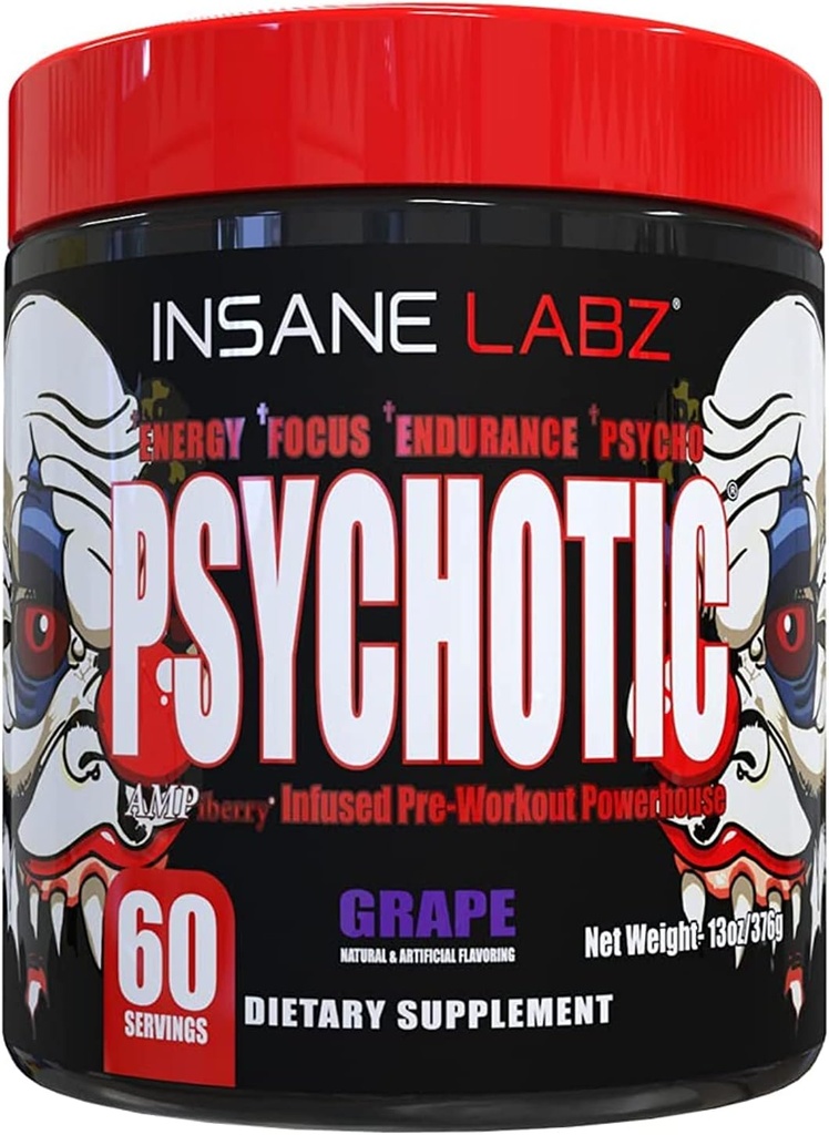 Insane Labz Psychotic, High Stimulant Pre Workout Powder, Extreme Lasting Energy, Focus and Endurance with Beta Alanine, Creatine Monohydrate, DMAE, 60 Srvgs, Grape