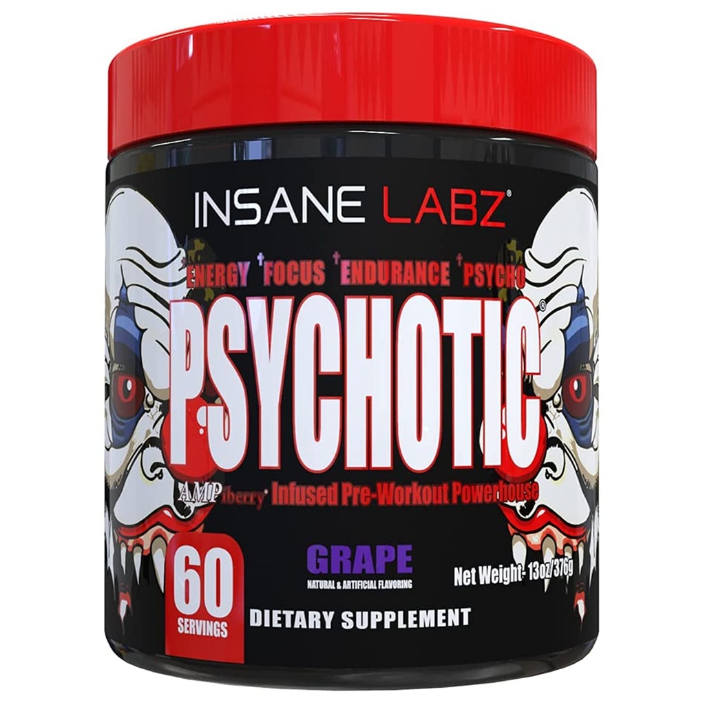 Insane Labz Psykotisk, High Stimulant Pre Workout Powder, Extreme Lasting Energy, Focus og Endurance med Beta Alanine, Creatinine monohydrat, DMAE, 60 Srvgs, Grape