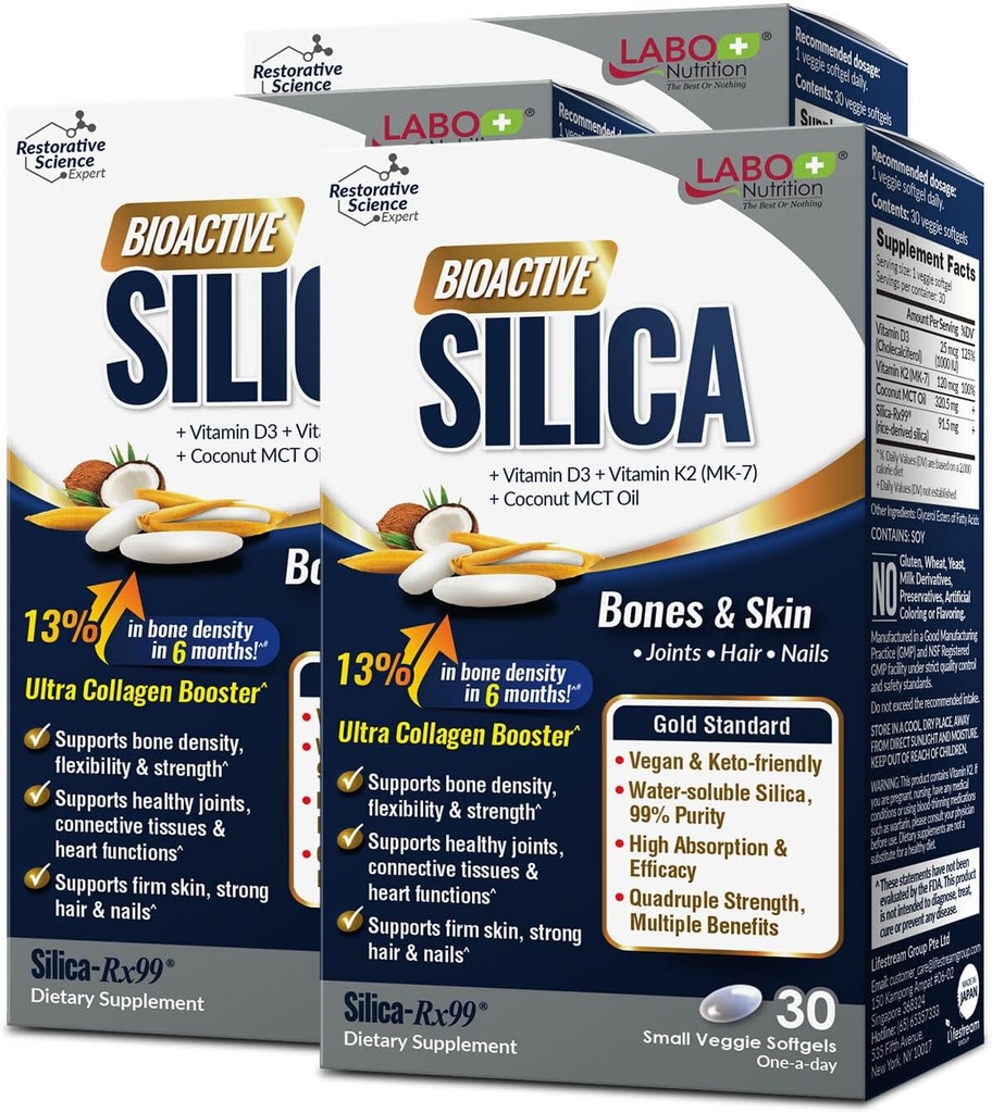 Labo Nutrition Bioactive Silica - Til hår, hud, negle, Collagen Dannelse, Joint & Bone Strength - Support Bone Health & Collagen Booster - 99% Renhed Rice- Derived Silica Supplement, 30 Vegan Softgel