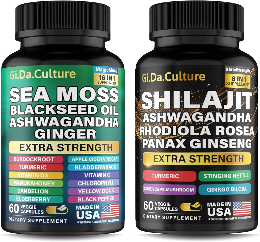 Shilajit og Sea Moss Combo - Sea Moss og Shilajit Bundle med Ashwagandha, Black Seed, Gurkemeje, Bladerwrack, Burdock, Black Pepper med vitaminer og antioxidanter - 120 Veggie kapsler