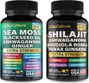 Shilajit og Sea Moss Combo - Sea Moss og Shilajit Bundle med Ashwagandha, Black Seed, Gurkemeje, Bladerwrack, Burdock, Black Pepper med vitaminer og antioxidanter - 120 Veggie kapsler