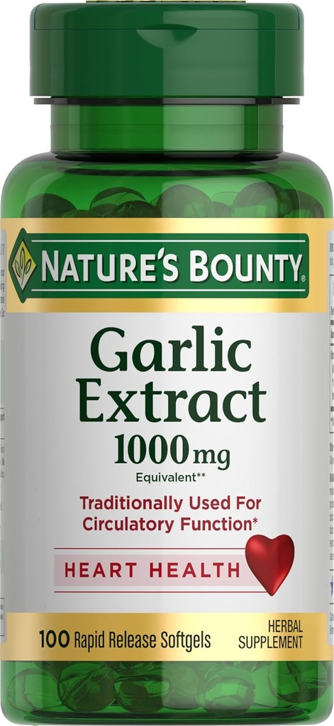 Nature’s Bounty Garlic Extract, Herbal Supplement, Supports Circulatory Function, 1000mg, 100 Rapid Release Softgels