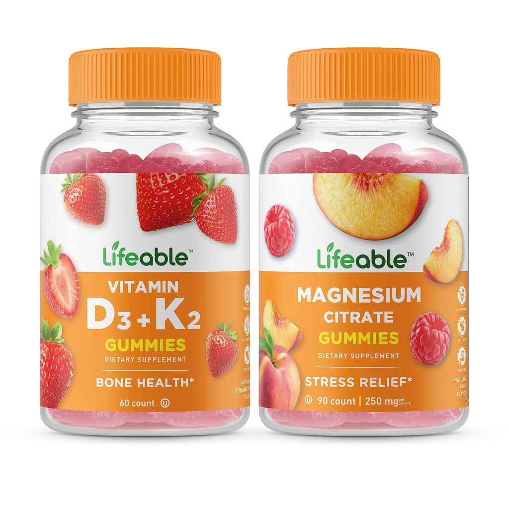 Lifeable Vitamin D3 + Vitamin K2 + Magnesium 85mg, Gummies Bundle - Great Tasting, Vitamin Supplement, Gluten Free, GMO fri, Chewable Gummy