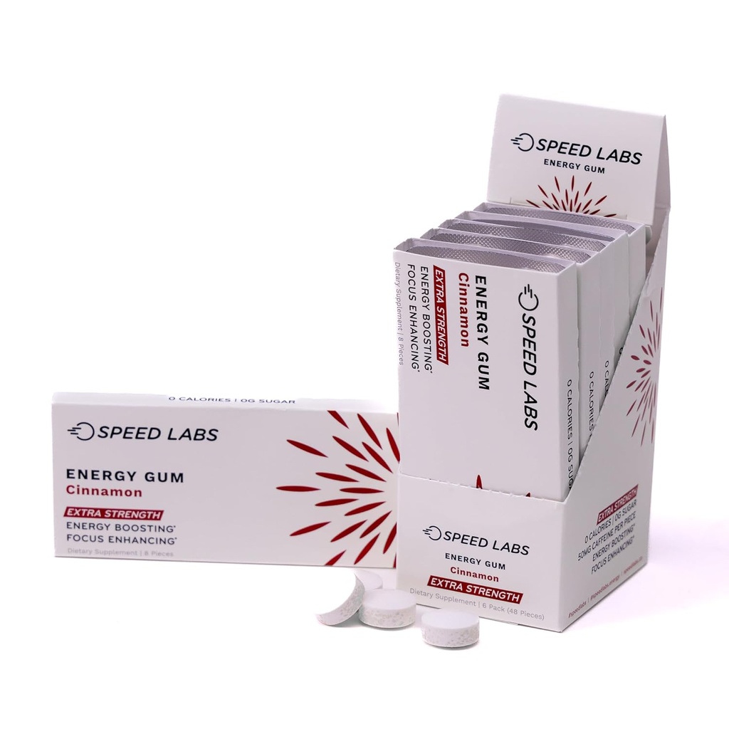 Speed Labs Cinnamon Extra Strength Coffein Chewing Gum 50mg Coffein, Taurine, & B Vitaminer Per stykke, 48 stykker (6 pakker af 8 stykker) Sukker fri, nul kalorie, ingen aspartam, Gluten fri