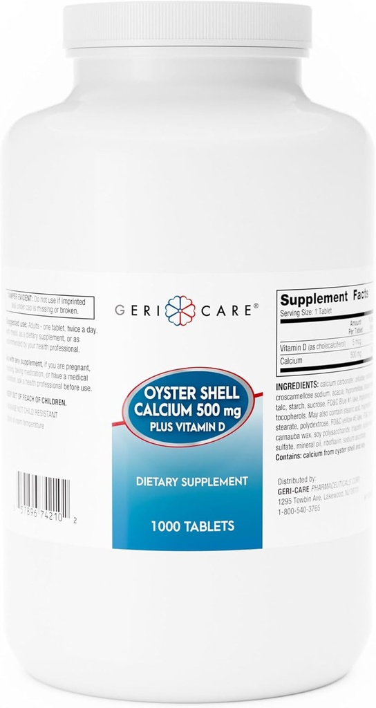 GeriCare Oyster Shell Calcium 500mg + Vitamin D, Bone Health, Nutritional Supplement Tablets, 1000 Count (Pack of 1)