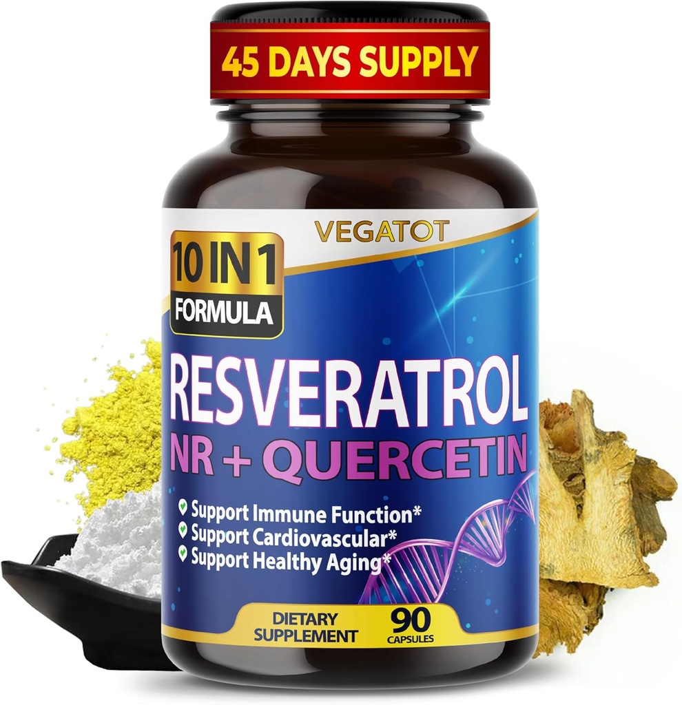 VEGATOT 10 i 1 High Strength Resveratrol med Quercetin Sund Aging immunbrain Boost fælles støtte (90 greve (pakke med 1))