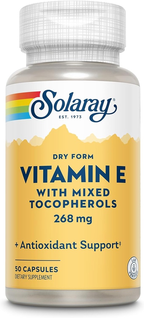 SOLARAY E 400 IE (268mg), tør form med blandede tocopheroler E-vitamin - Antioxidant supplement, PMS og overgangsalderen support - 60-dages garanti, Lab Verified - 50 Servere, 50 kapsler