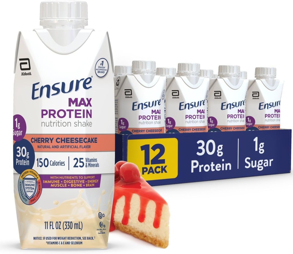 Ensure Max Protein Shake | Cherry Cheesecake | Ready to Drink | 30g Protein for Muscle Health | 1g Sugar, 4g Fiber | 11 fl oz, 12 Pack