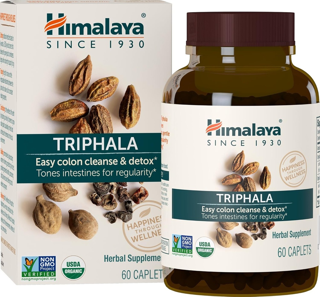 Himalaya Organic Triphala, 2 Måned Supply, for Colon Cleanse, Detox & Occasional Forstoppelse, USDA Certified Organic, Non- GMO, Gluten- Free, Extract & Powder Herbal Supplement, 688 mg, 60 Caplets