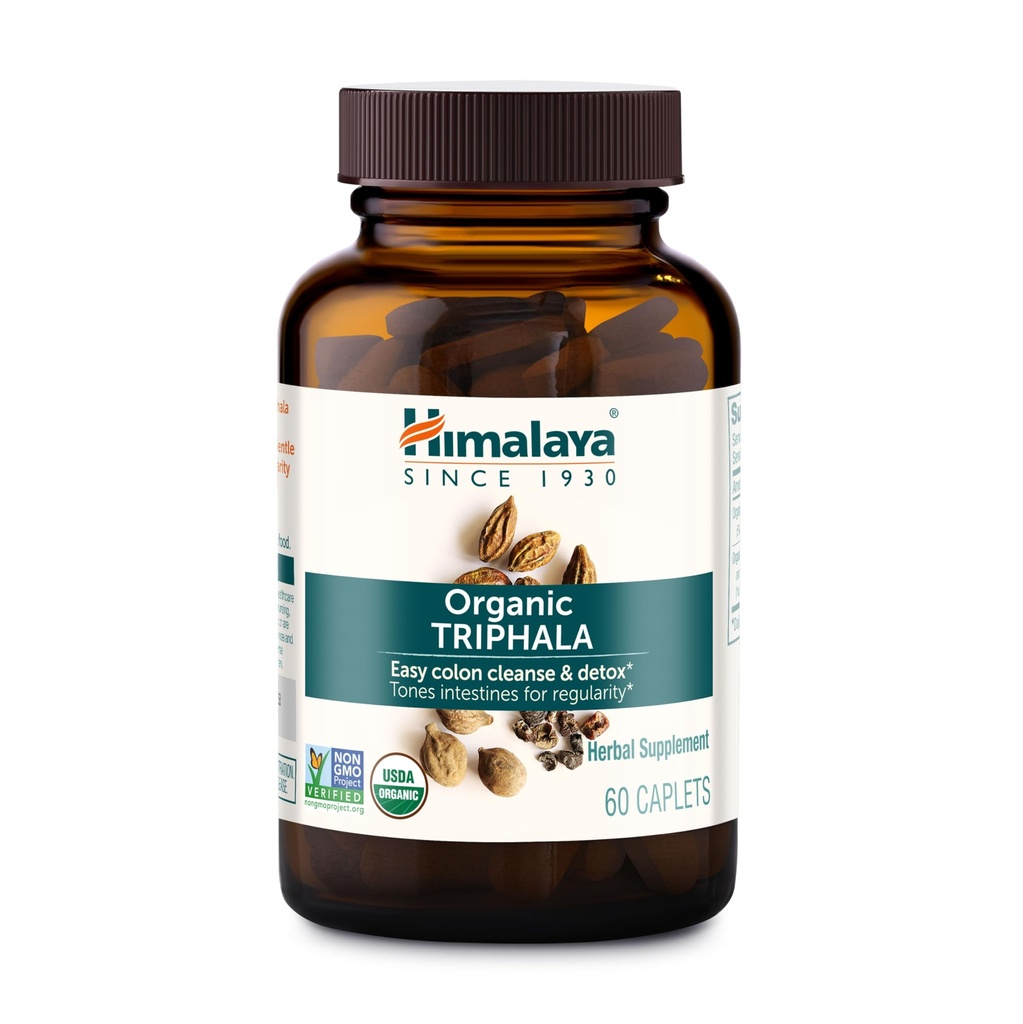 Himalaya Organic Triphala, 2 Måned Supply, for Colon Cleanse, Detox & Occasional Forstoppelse, USDA Certified Organic, Non- GMO, Gluten- Free, Extract & Powder Herbal Supplement, 688 mg, 60 Caplets