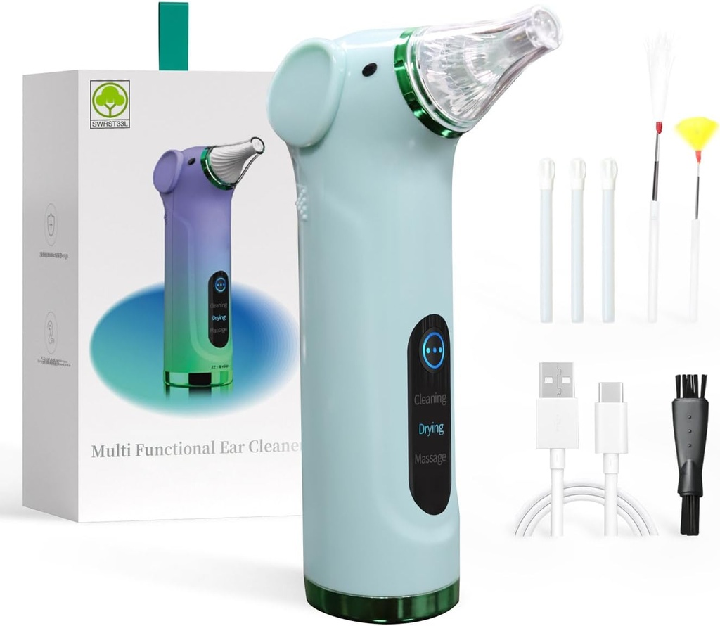 Multi- Functional Electric Ear Wax Removal Tool Ear Rengøring Kit - Tørring Ear Canal & Massage Ear, for voksne og børn (grøn)