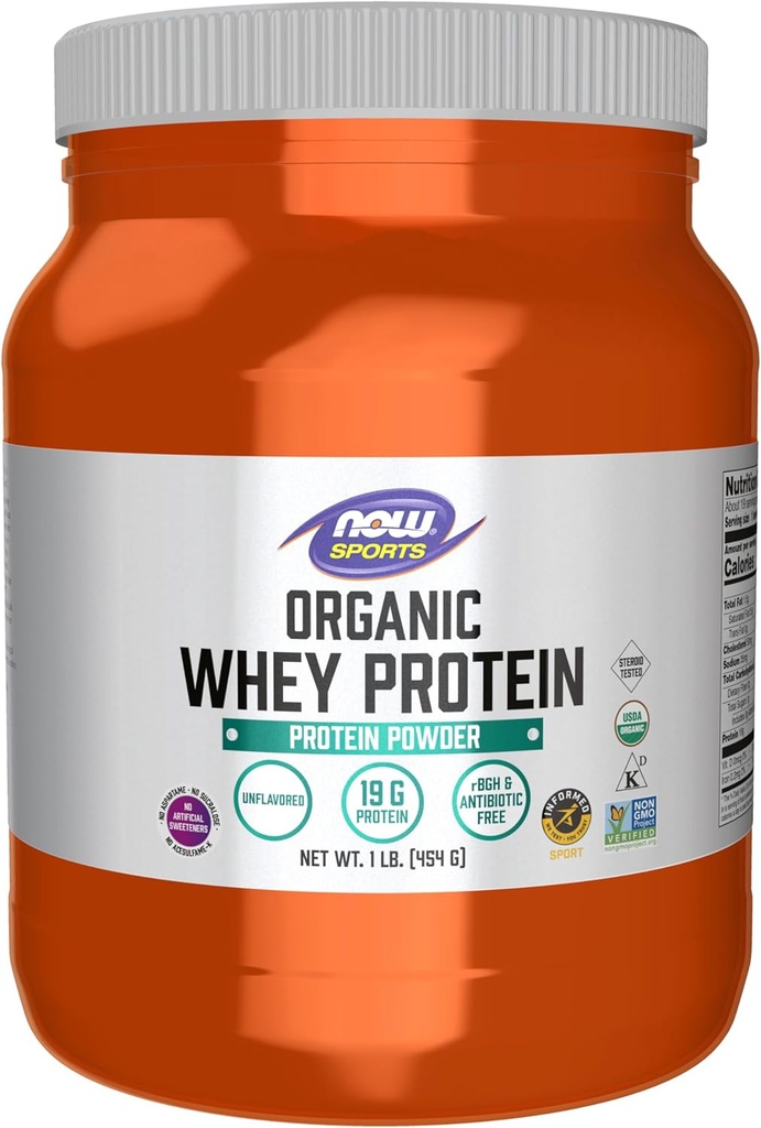 NOW Foods Sports Nutrition, Certified Organic Whey Protein 19 g, Unflavored Powder, 1-Pound