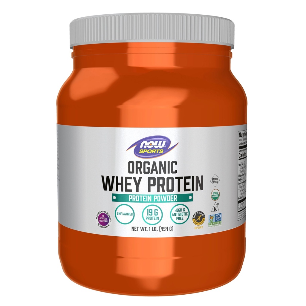 Now Foods Sports Nutrition, Certified Organic Whey Protein 19 g, Unflavored Powder, 1- Pound