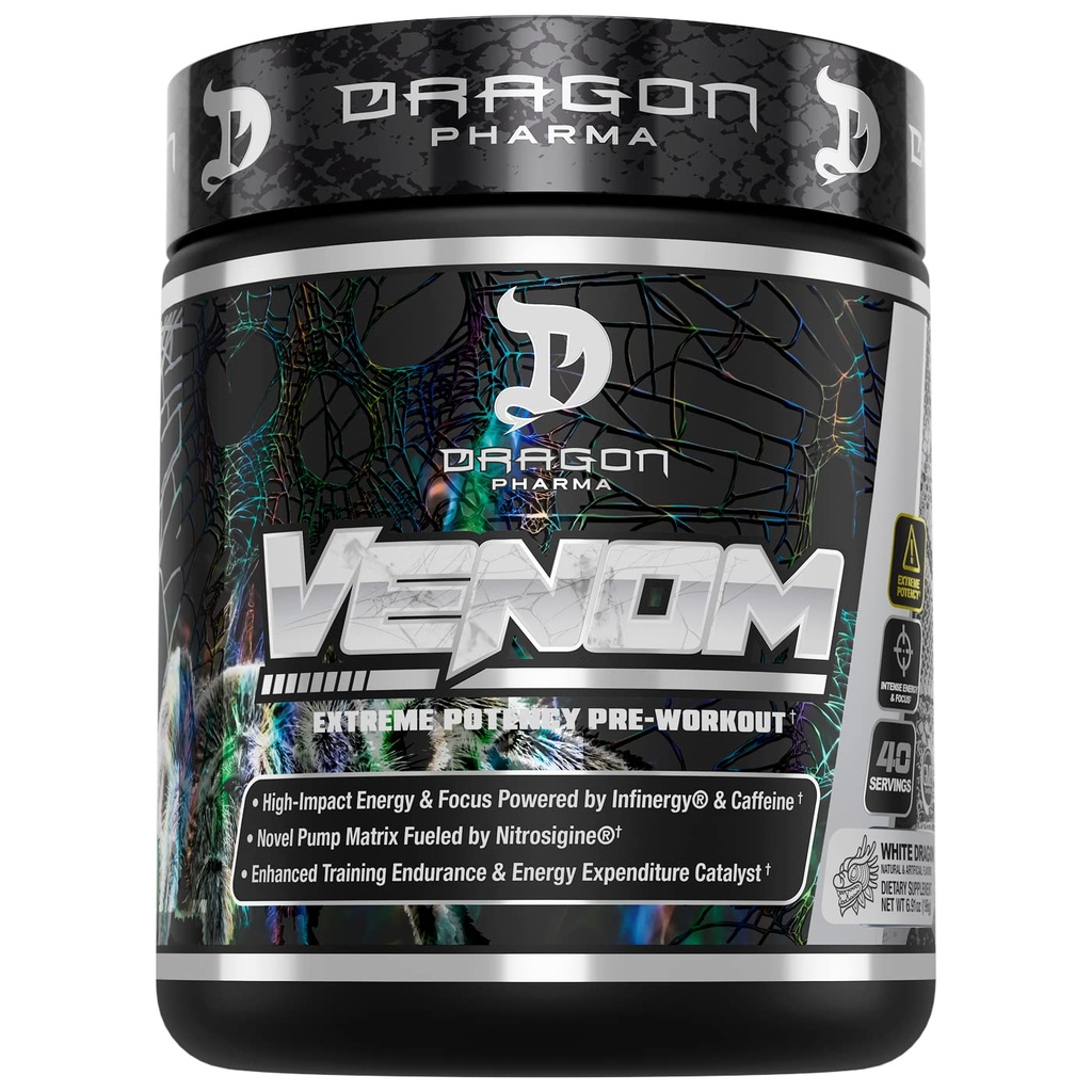 DRAGON PHARMA Venom Extreme Potency Pre- workout, Laser Sharp Focus + Energy, Intense Performance, Proven Ingredienser til forbedret vasodilation & Endurance (40 Serveringer, White Dragon)