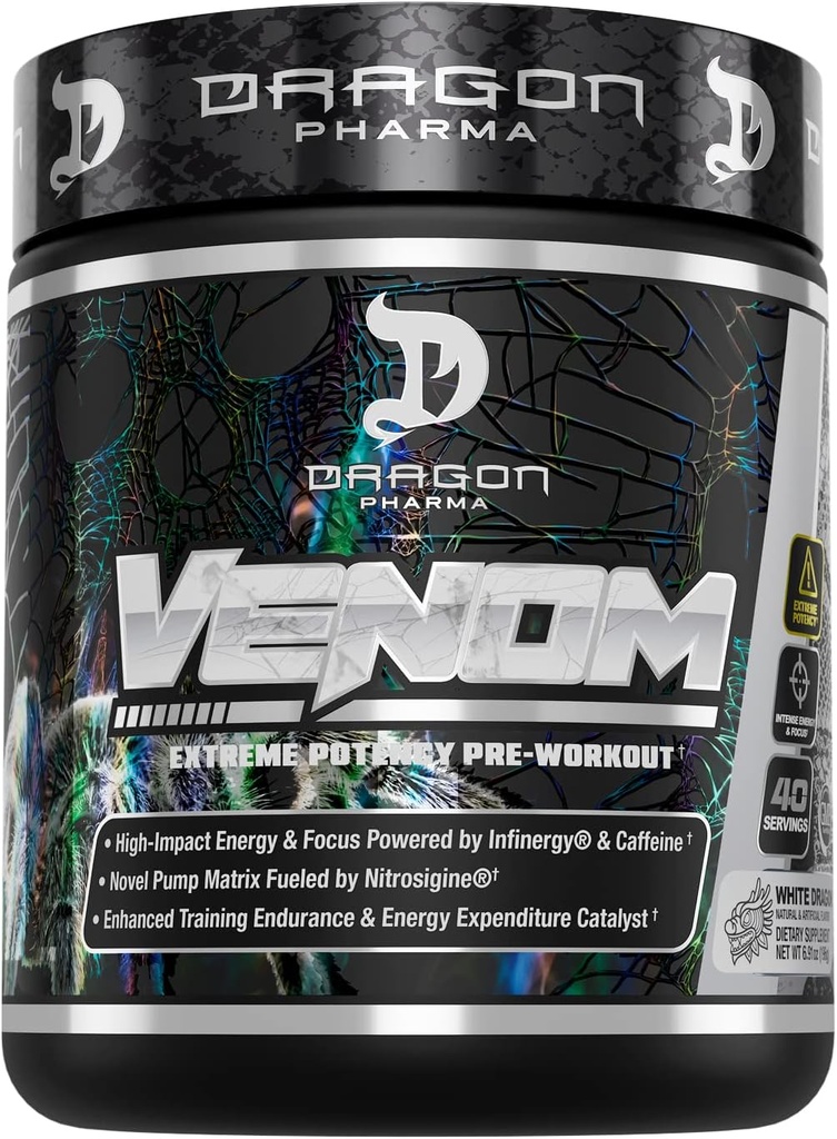 DRAGON PHARMA Venom Extreme Potency Pre- workout, Laser Sharp Focus + Energy, Intense Performance, Proven Ingredienser til forbedret vasodilation & Endurance (40 Serveringer, White Dragon)