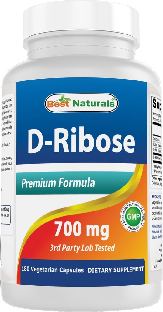 D-Ribose 700mg 180 Vcaps - Natural ATP Energy Production - Fremstillet i en USA baseret GMP Certificeret Facility og tredjepart testet for renhed. Garanteret!