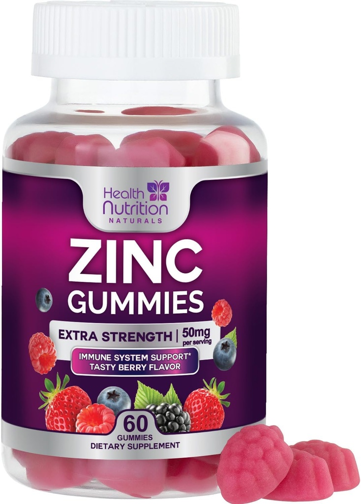 Zink Kosttilskud 50mg Gummies - Max Strength Skin Health & Immunsupport Gummy, Vegan, Non- GMO & Gluten Free - Bedste Zink supplement Antioxidant & Bone Health Chewable Tasty Berry Flavor - 60 Gummies
